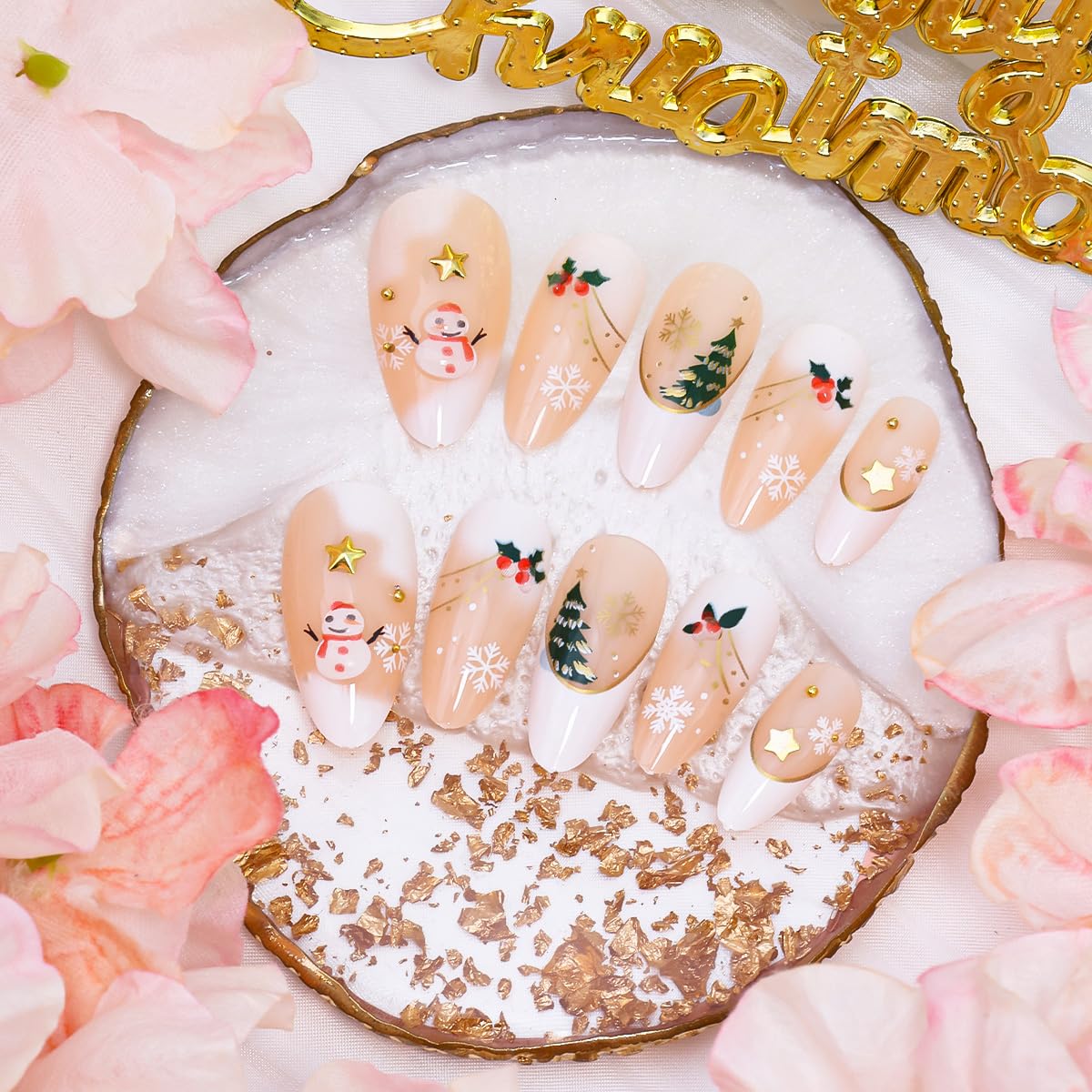 24Pcs Christmas Press on Nails Medium Almond Fake Nails 3D Star Xmas Tree Holly Snowmen Design Winter Glue on Nails French Tip False Nails Gold White Snowflake Acrylic Stick on Nail for Women Manicure