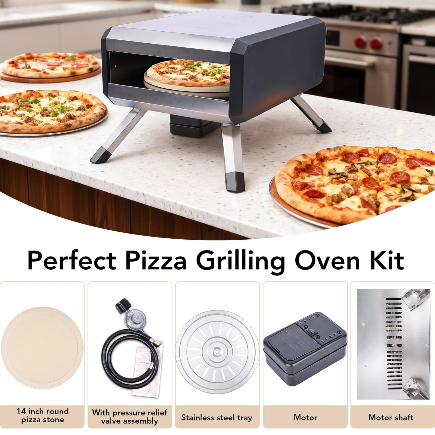 Pizza Oven, with 14" Pizza Stone and Legs,Automatic Rotation Function Outdoor Gas Pizza Ove, Carbon Steel Material,Maximum Temperature of 700°F, for Camping, Parties and Backyard Barbecues,Outdoor