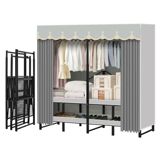 Portable Closet Rack Heavy-Duty Foldable Garment Racks with Cover 1200lbs Enclosed Wardrobe Closet with Independent Area for Hanging Clothes Storaging of Bedding (66in*20in*67in)