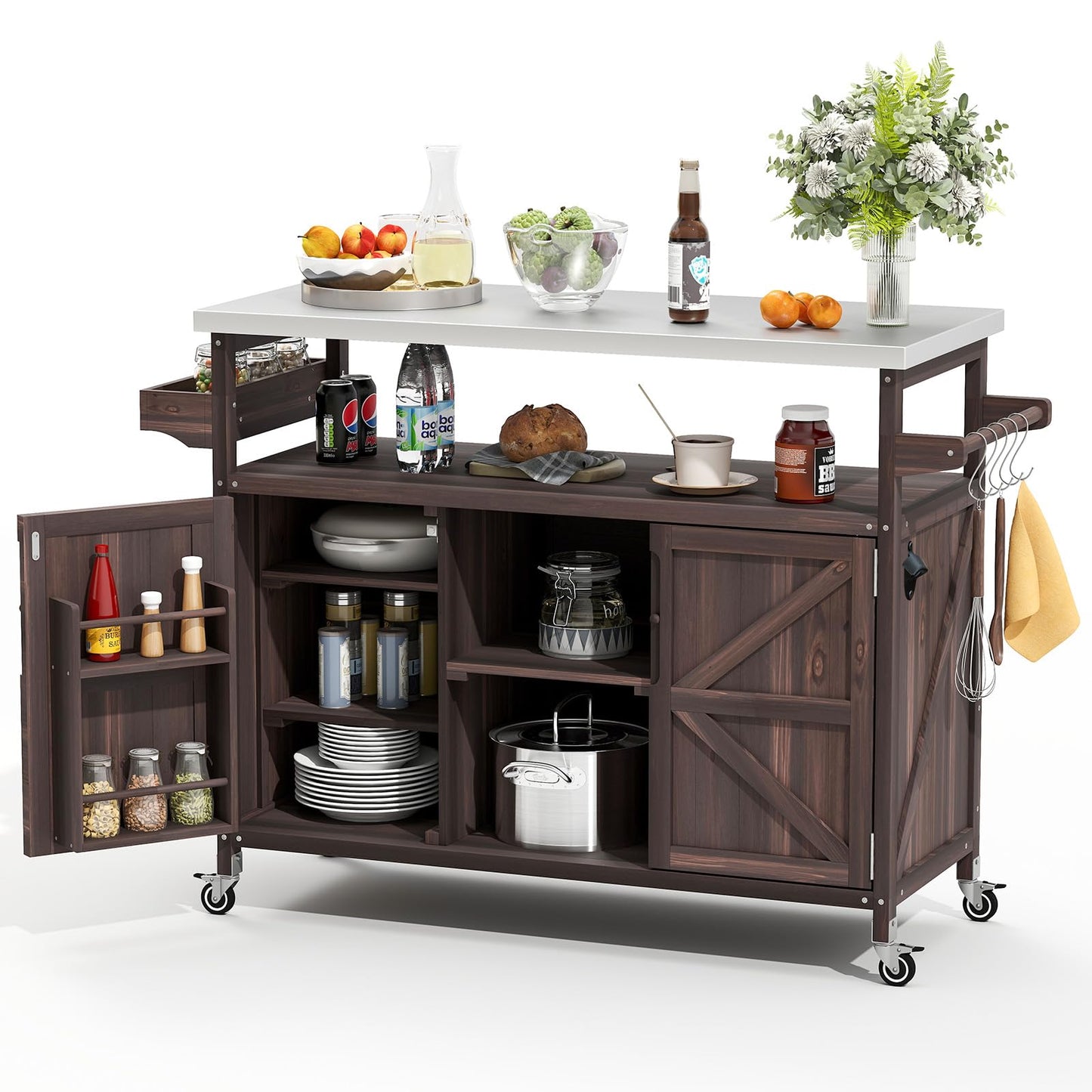 Zevemomo Outdoor Grill Cart with Storage, Stainless Steel Tabletop Outdoor Kitchen Island, Fir Wood Outdoor Buffet Cabinet with Lockable Wheels for Grilling, Dark Brown