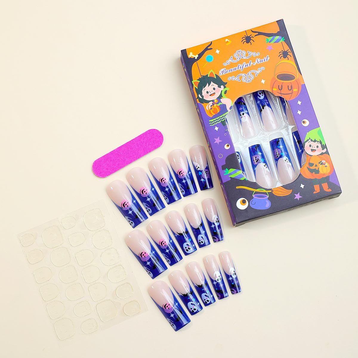 Halloween Press on Nails Long Coffin Fake Nails Cute Pumpkin Ghost Blue Glue on Nails French Tip False Nail with Designs Stars Bat Glossy Stick on Nail for Women Manicure 24 Pcs