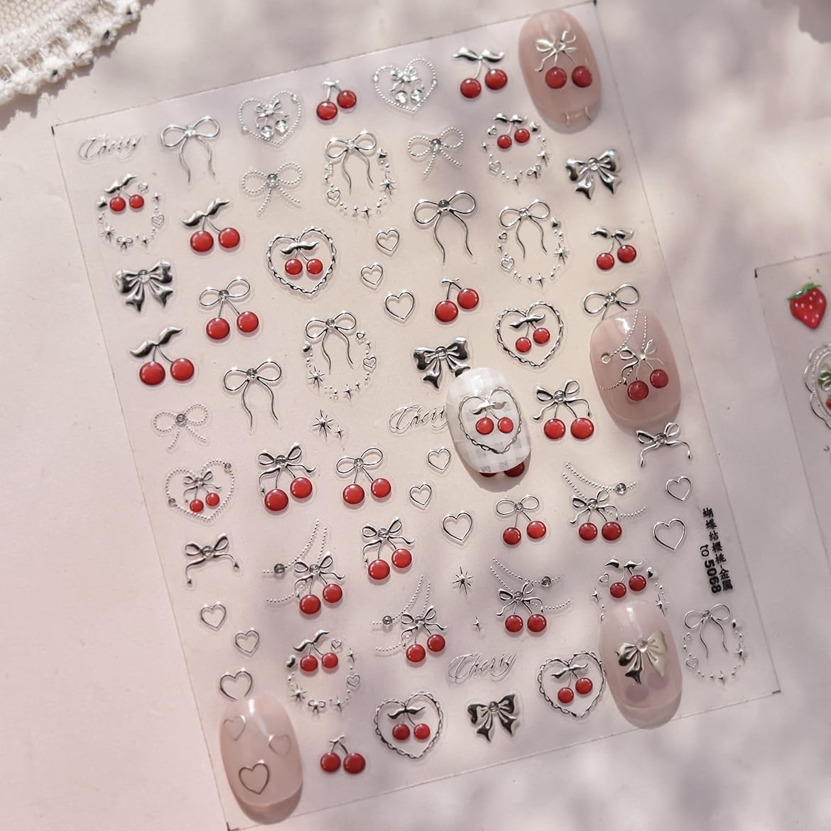 Phuryllic 3D Nail Stickers for Nail Art, Embossed Self-Adhesive Cute Nail Charms & Decals for DIY Nails, Easy-to-Apply Nail Design Supplies & Accessories for Home Manicure-Cherry for Valentine's Day