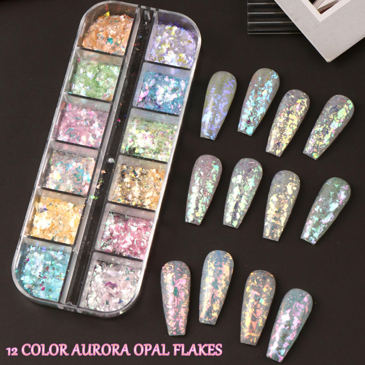 Holographic Aurora Opal Nail Flakes,12 Colors Iridescent Mermaid Nail Powder Gradient Ice Slag Nail Sequins Spring Summer for Gel Polish, Acrylic Nails, DIY Manicure & Resin Craft Supplies