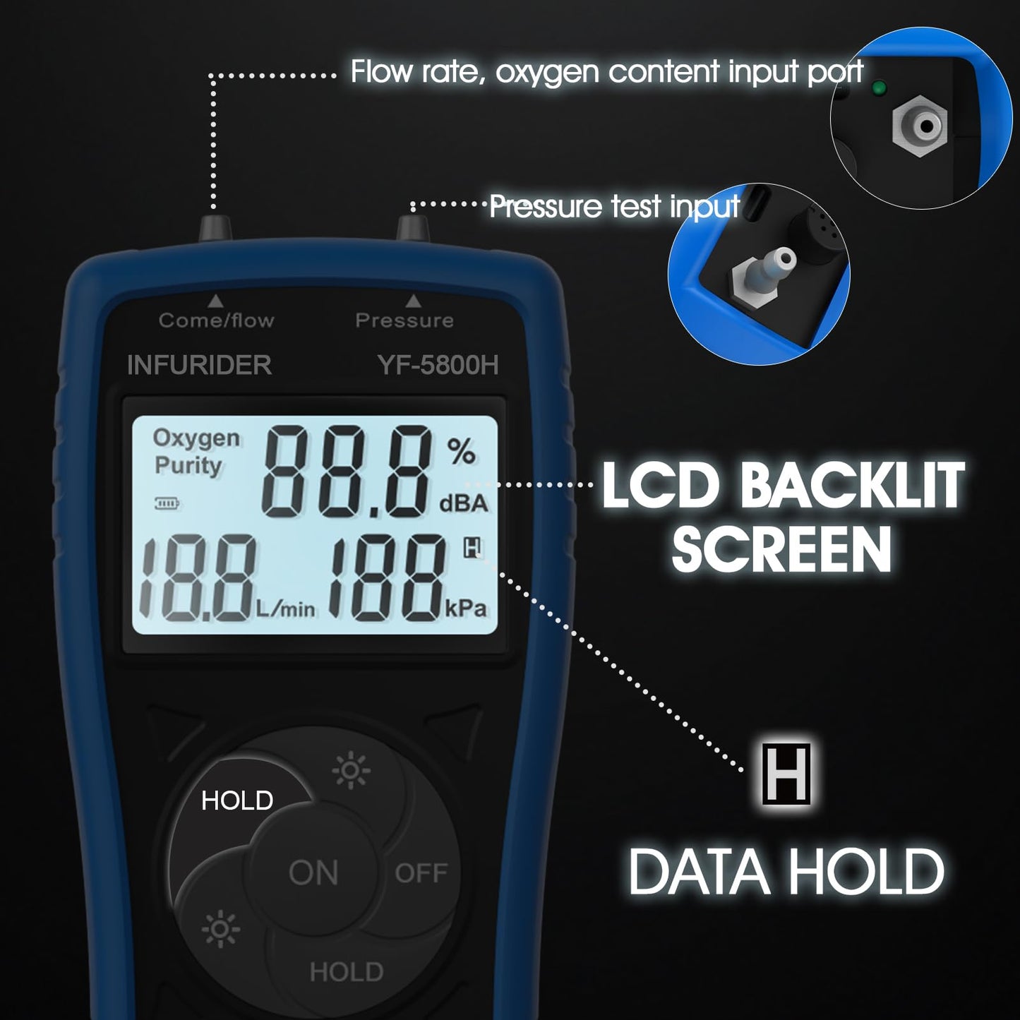 Gas Detector Oxygen Detector, YF-5800H Ultrasonic Oxygen Detector for Oxygen Concentration Pressure and Flow, Handheld Natural Gas Detector for PSA Oxygen Concentrator, Data Hold Gas Meter