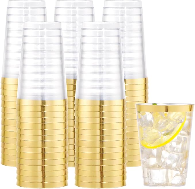 I00000 100PCS Gold Plastic Cups,10 oz Clear Plastic Cups with Gold Trim, Beer Mugsï¼Disposable Hard Cup For Party, Premium Cup Perfect for Wedding & Party