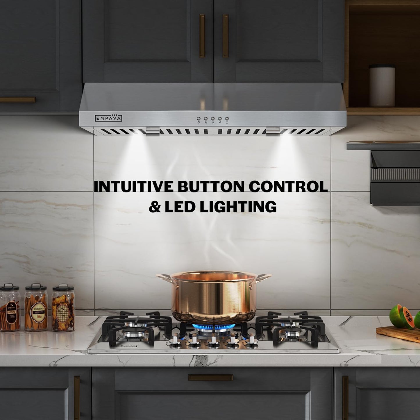 Empava Ductless Under Cabinet Range Hood 36 Inch, Convertible Ducted (Rear/Top Vent), 300 CFM, Push Button Plug in, Stainless Steel