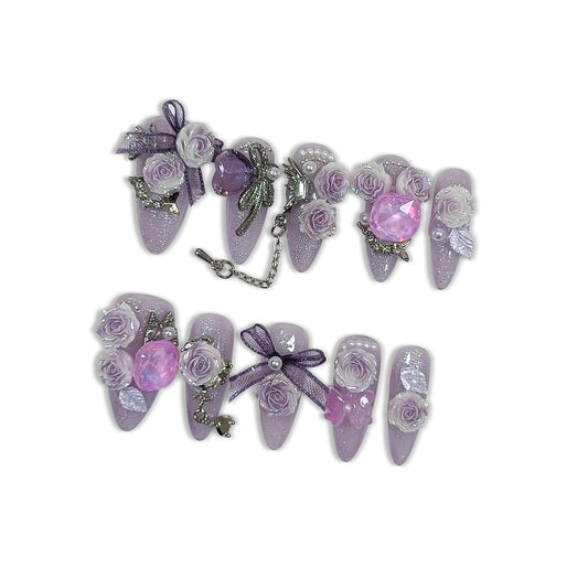 Hantyer Glamorous Press on Nails Long Almond Stiletto,Purple Cat Eye Gradient False Nails with 3D Roses, Camellias Butterflies Chains Rhinestones, Luxe Glitter Fake Nails for Women 10Pcs Tools Kit(S)