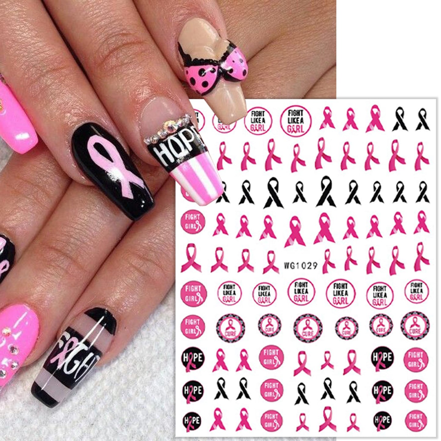 8 Sheets Pink Breast Cancer Awareness Nail Stickers for Nail Art Pink Ribbon Nail Decals 3D Self-Adhesive Breast Cancer Nail Art Stickers Heart Hope Letter Nail Design Decals for Women
