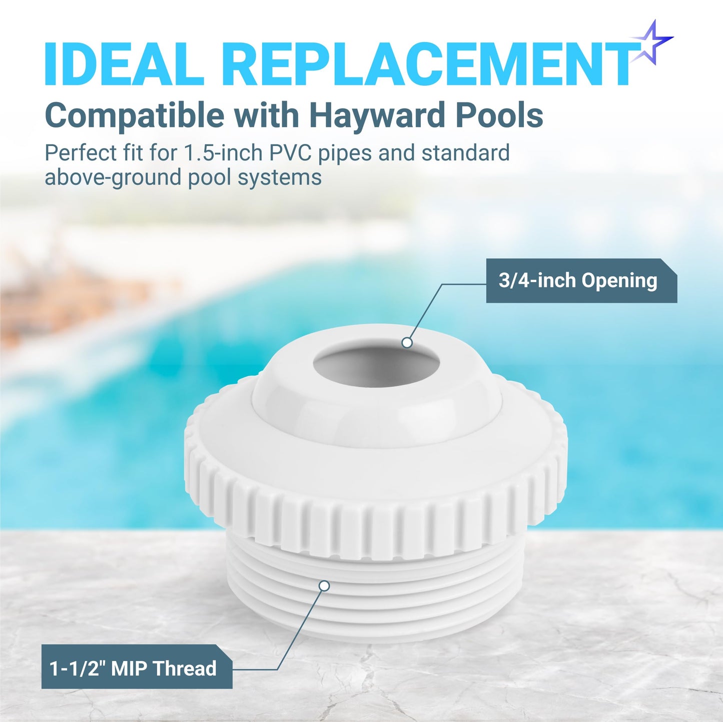 BlueStars Upgraded Pool Jet Nozzles SP1419D Directional Flow Hydrostream Return Jet Compatible with Adjustable 3/4" Opening Rotating Eyeball and 1-1/2 Inch MIP Thread - PACK OF 8