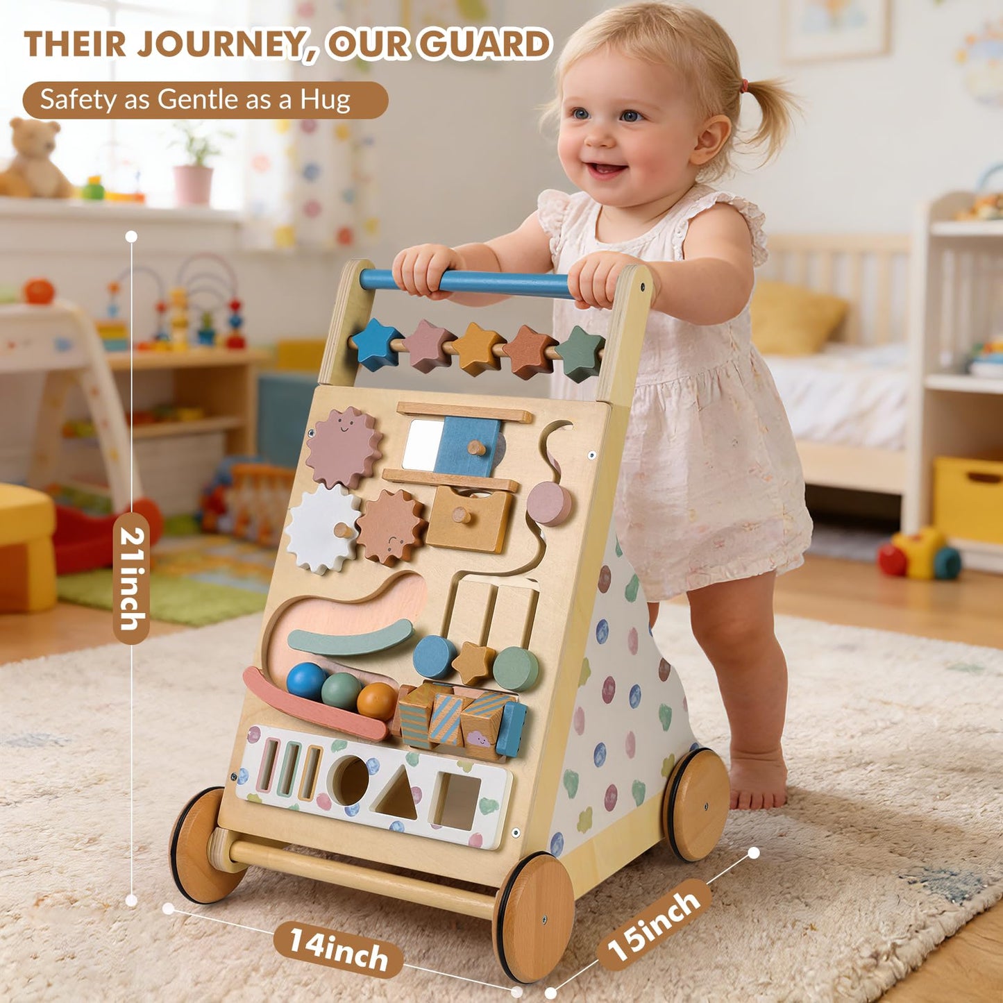 Montessori Safe Wooden Baby Walker, Adjustable Speed Baby Push Walker for Girls and Boys, Morandi Activity Center Toy for Kids' Development, Ideal Gift for Toddlers