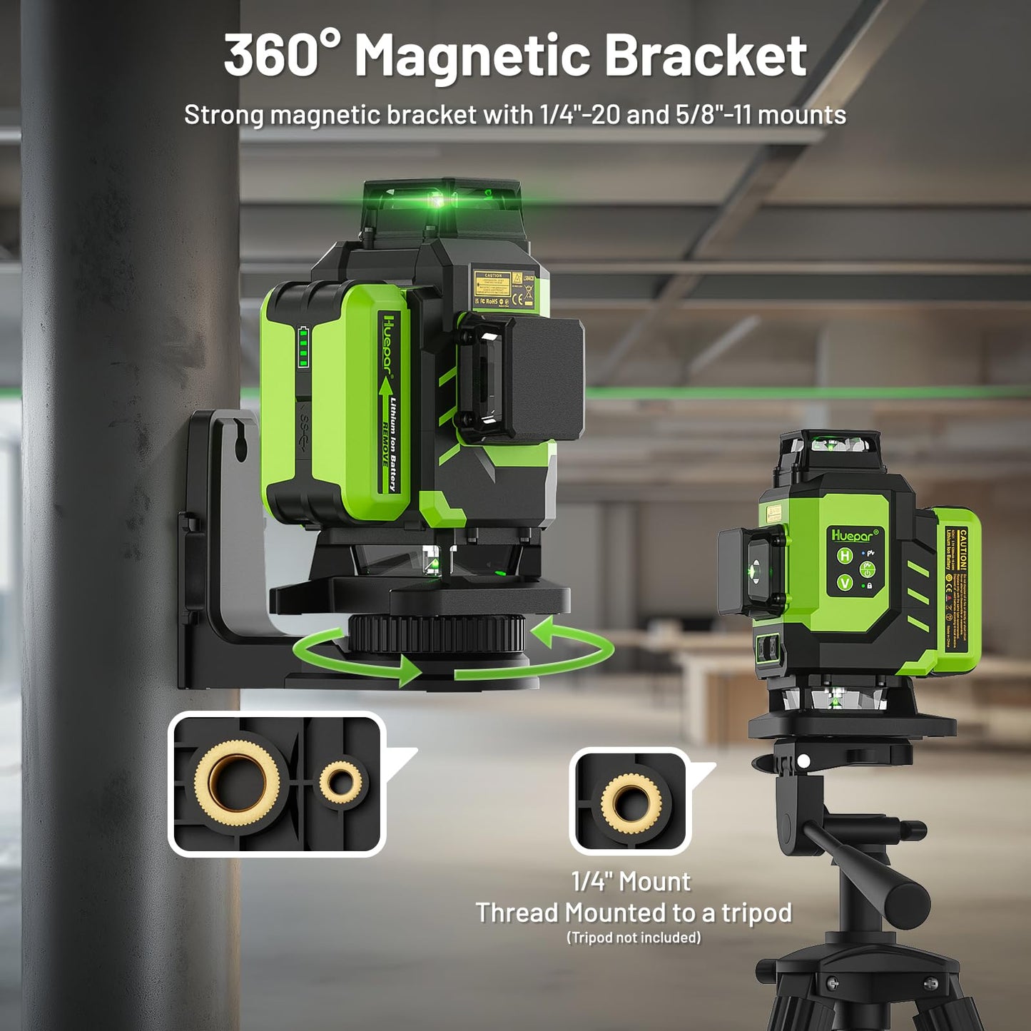 Huepar Laser Level, Self-leveling 16 Lines Green Beam 4D Cross Line Tiling Floor Laser Tool-2 x 360 Horizontal & 2 x 360 Vertical Laser Lines with Two Li-ion Batteries and Hard Carry Case-LS04CG