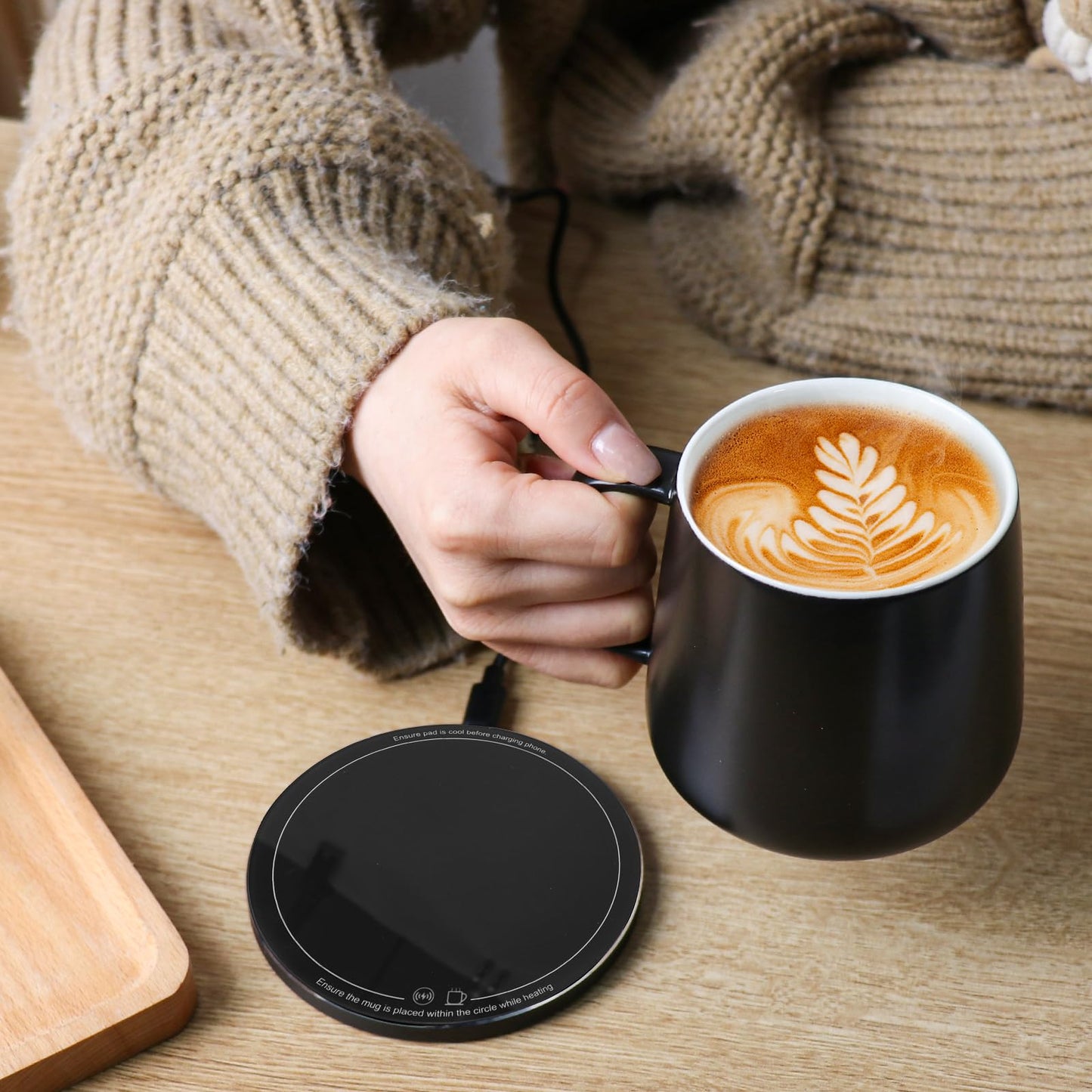 APEKX Warm Cup Coffee Mug Warmer Set - Smart Stable Constant Temperature 131°F, 15W Wireless Charging, 12.8 oz Capacity - Supports USB-C Interface, Automatic Power On/Off Function (4 H). (Black)