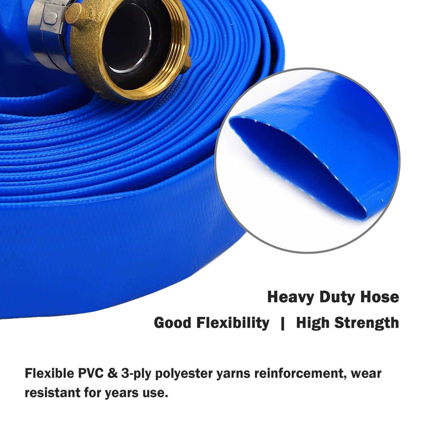 DAVCO 2" ID × 50 ft Pool Backwash Hose, Heavy Duty Reinforced Blue PVC Lay Flat Water Discharge Pump Hoses For Swimming Drain Pools and Clean Filters, With Aluminum Pin Lug Fittings