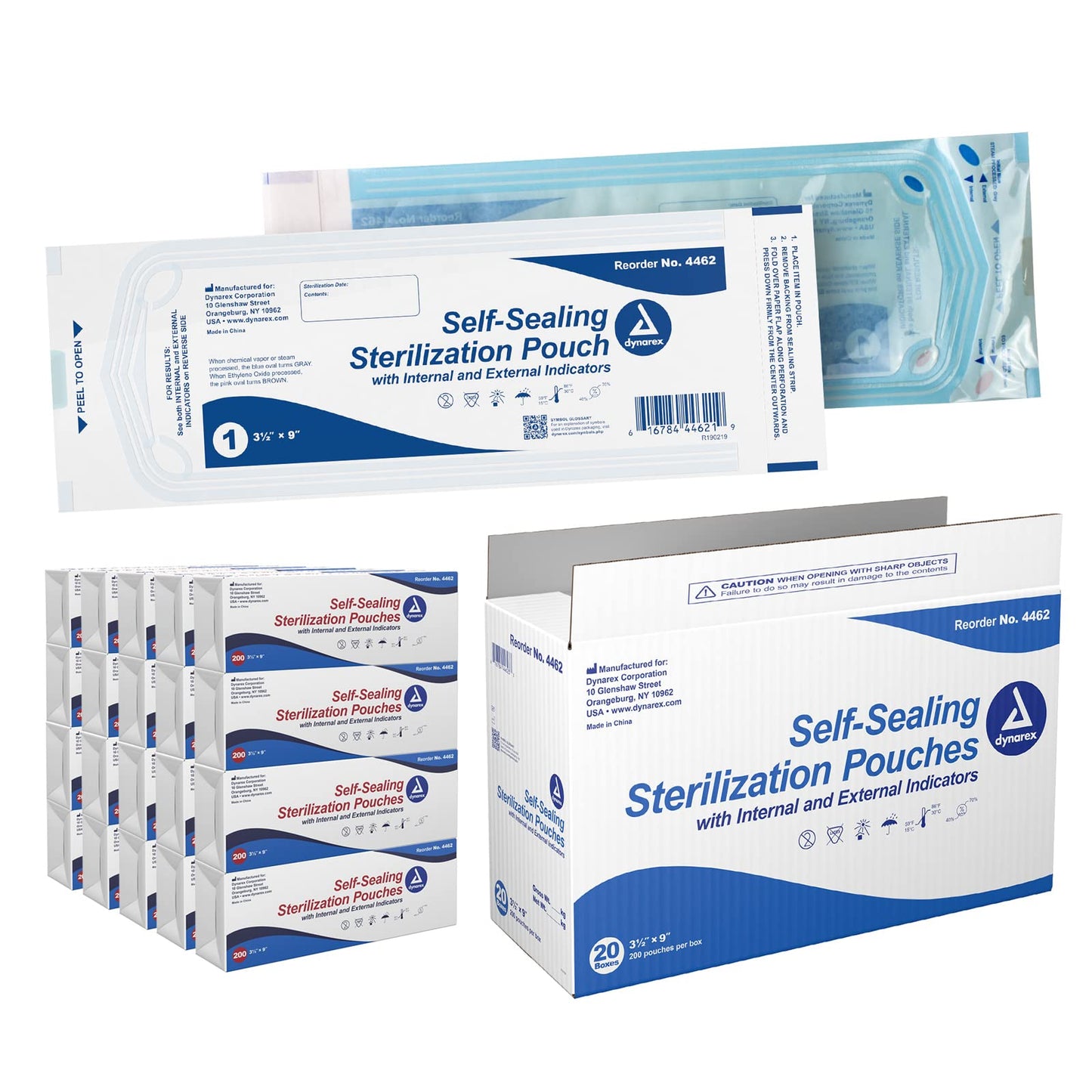 Dynarex Sterilization Pouches - Self-Sealing Autoclave Bags for Medical, Dental, Tattoo & Nail Care Tools - Blue-Tinted Transparent Cover, Dual Color Indicators - 3.5" x 9", 20 Boxes of 200
