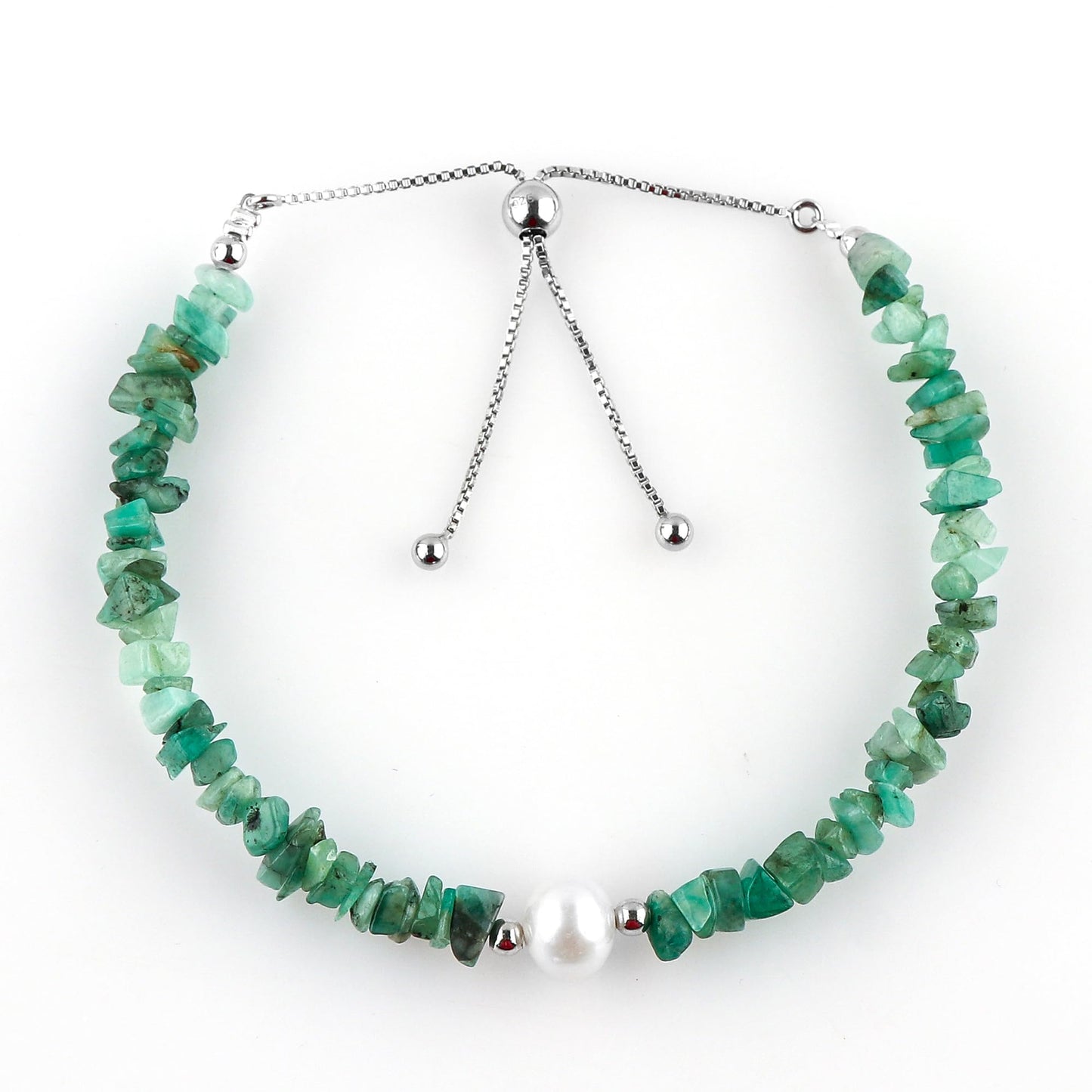 CRYSTALIS Natural Emerald Beads Slider Bolo Bracelet with Elegant Pearl, Uncut Chips Nuggets Crystals, Chakra Healing Gemstone, Women Jewelry, 925 Sterling Silver Slider 10 inch
