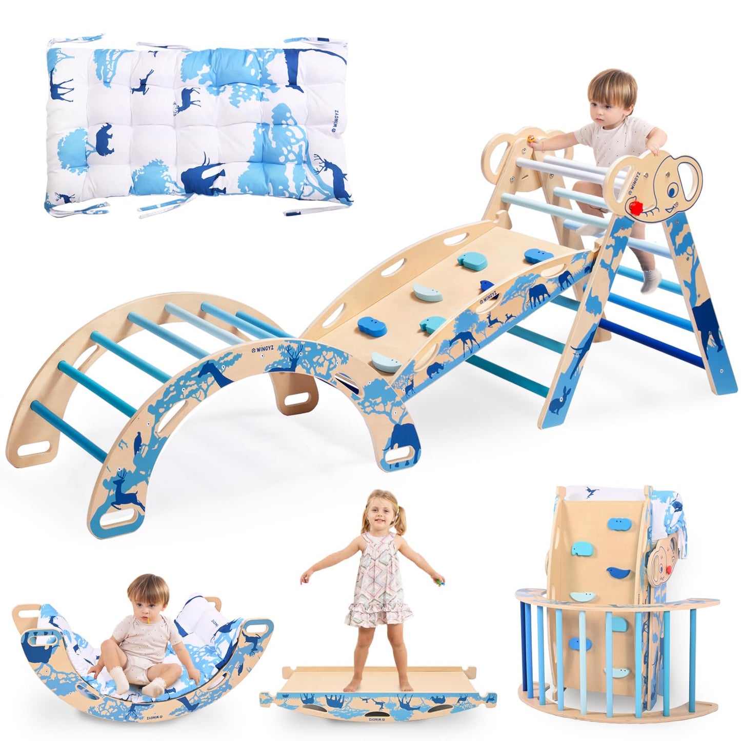 wingyz 8-in-1 Pikler Triangle Set-Foldable Baby Climbing Toys with Cushion, Arch, Ramp & Ladder | Montessori Toddler Climber Indoor Jungle Gym for Kids (Blue)