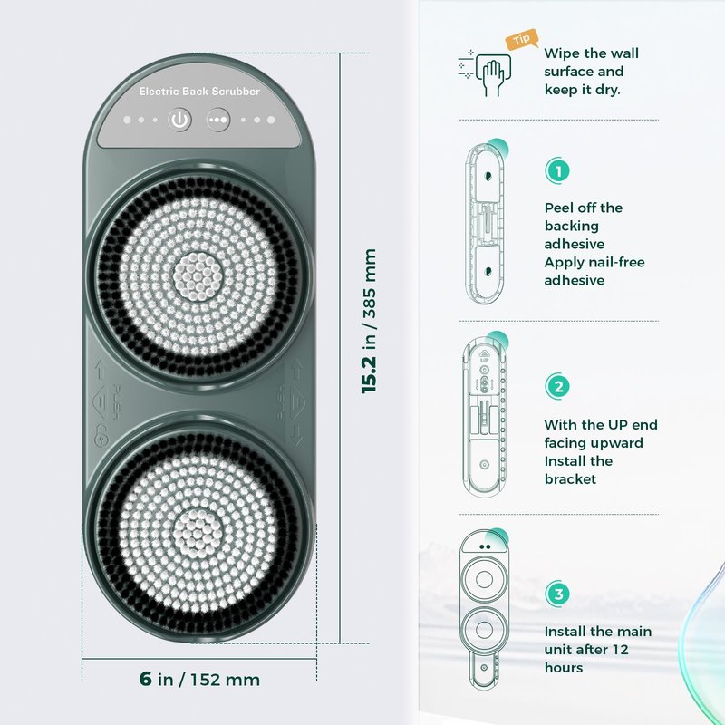 Electric Back Scrubber for Shower - Wall Mounted Exfoliating Brush, Hands-Free Automatic Body Scrubber, 3-Speed Adjustment with 2 Spin Skin Bath Brush Heads,IPX7 Waterproof