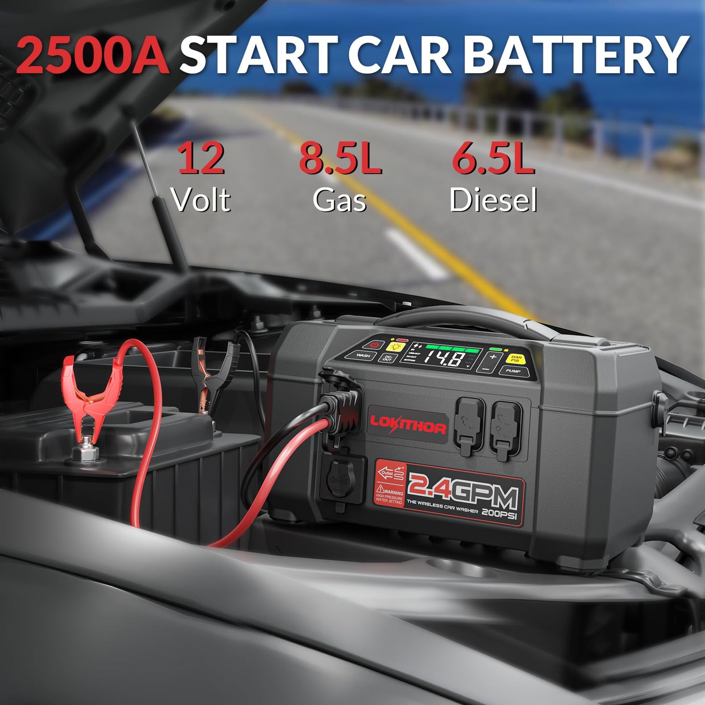 LOKITHOR JA302 2500Amp Jump Starter with 150PSI Air Compressor and AW401 2500Amp Jump Starter with 200PSI Car Washer