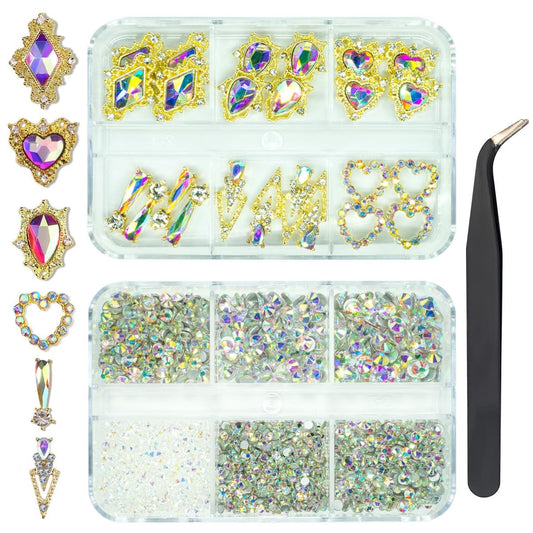 qiipii 24pcs Crystal AB Luxury Nail Charms +2000pcs Crystal White AB Rhinestones 3D Big Nail Gems K9 Glass Nail Crystals Diamonds Jewels Stones Alloy Nail Art Studs Decor Supplies for Nails Crafts DIY