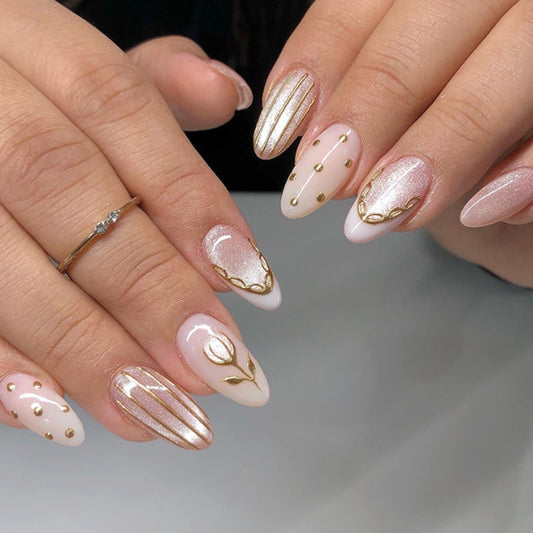 Hkanlre Flower Medium Press on Nails Tips Full Cover Almond Bling False Nails Milky White Fake Nails for Women 24PCS