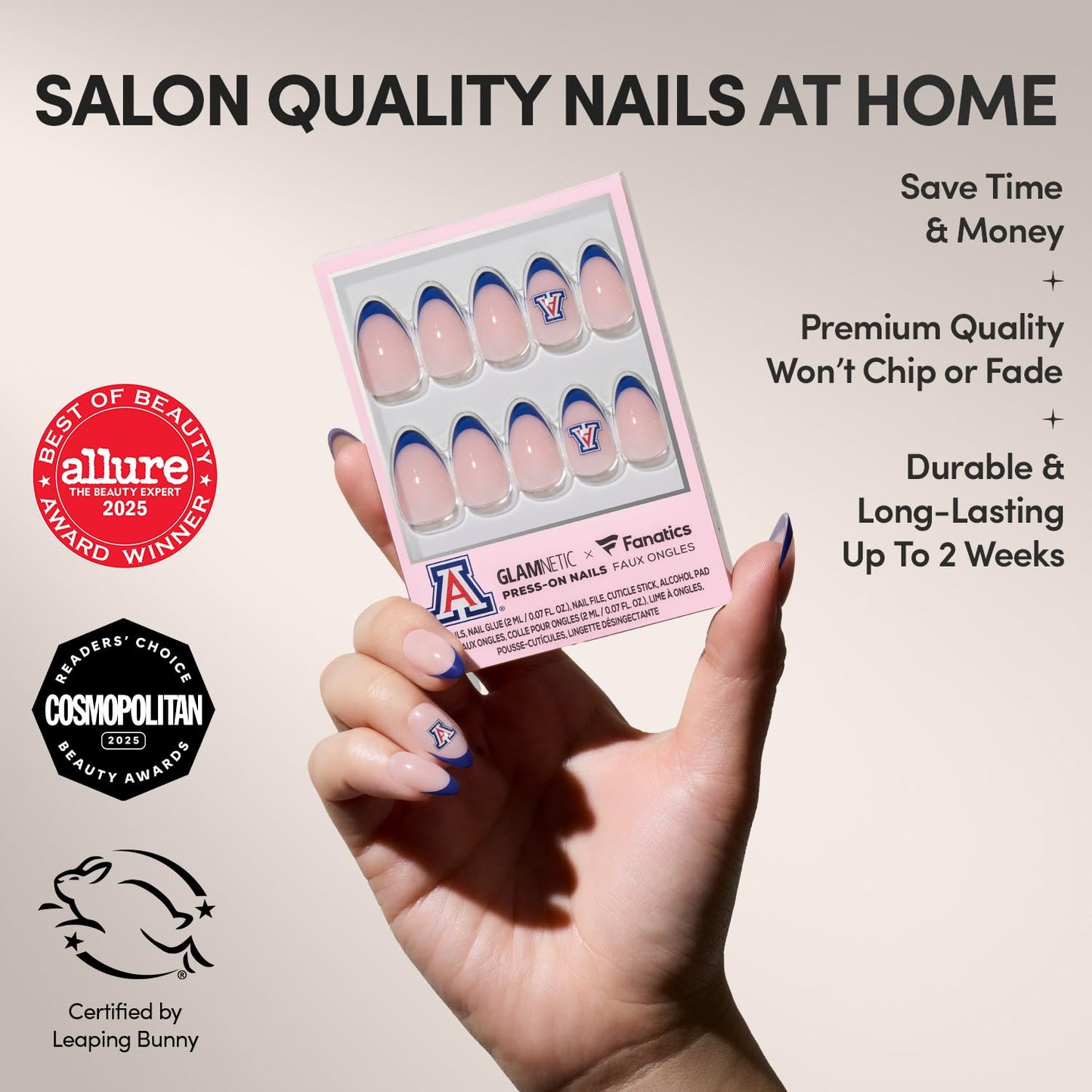 Glamnetic x Fanatics Press On Nails - Arizona Wildcats | Short Almond Fake Nails, Collegiate Blue French Tips, College Nails, Salon-Quality | 15 Sizes - 30 Nail Kit with Glue