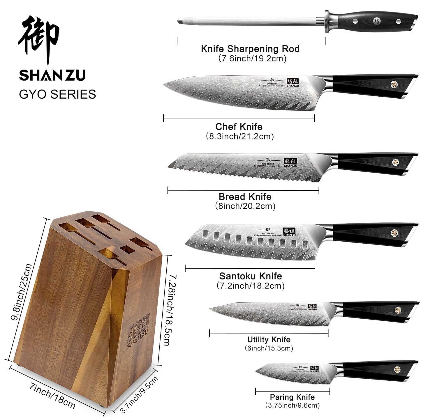 SHAN ZU Damascus Kitchen Knife Set, 7-Piece Professional Knife Sets for Chefs, Japanese 10Cr15CoMoV Super Steel With G10 Handle Knife Block Set, GYO Series