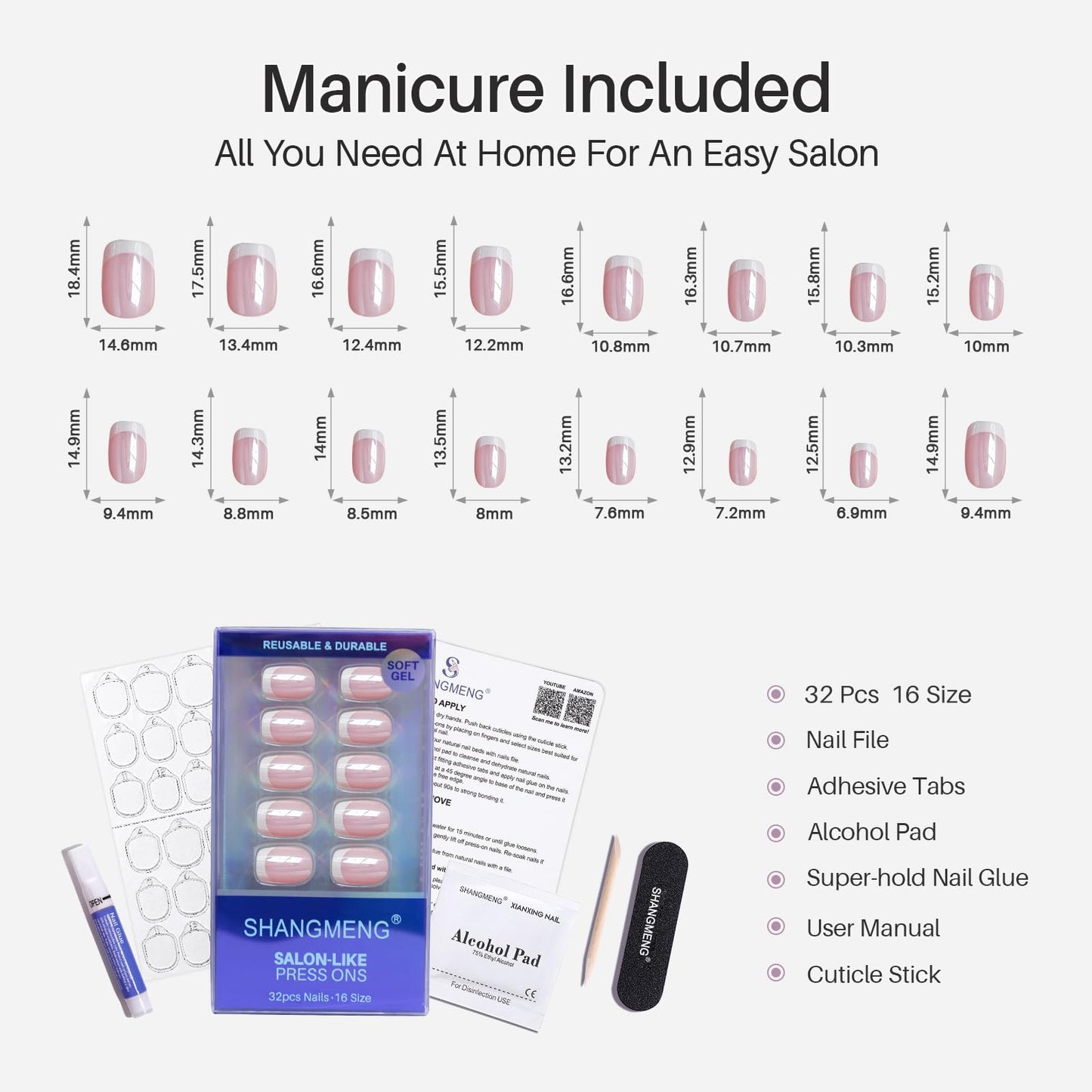 White Chrome French Tip Press on Nails Short - SHANGMENG Soft Gel Press on Nails Square for Women Gift, Glossy Glue on Nails in 16 Sizes - 32 Reusable Fake Nails Kit with Glue, Aurora French