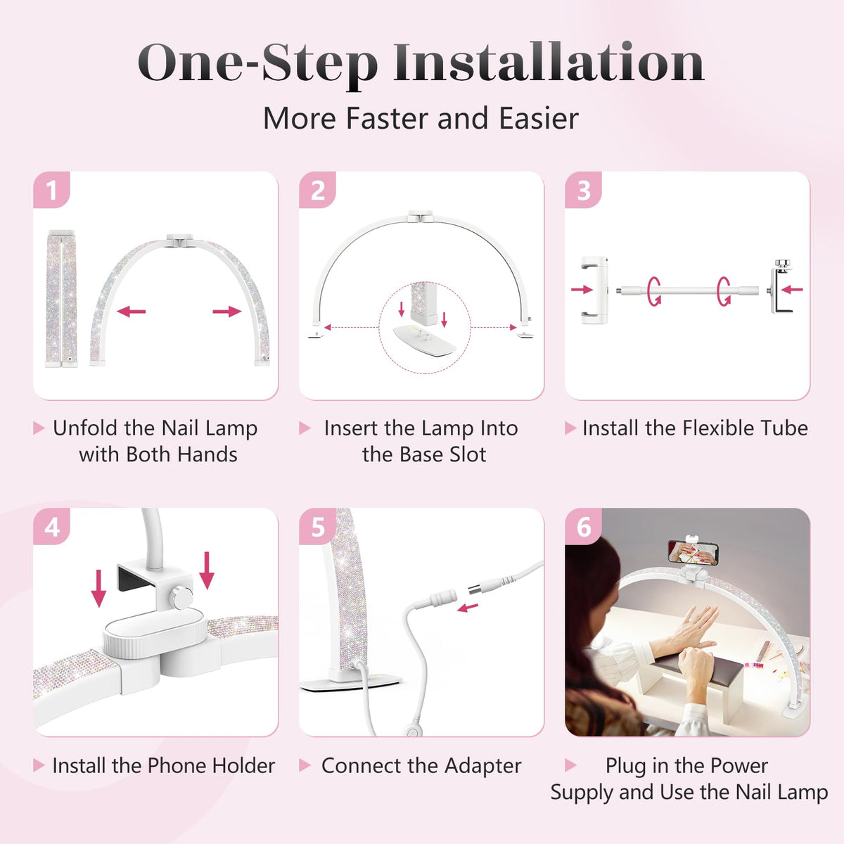 Yokilly Half Moon Light for Nail Desk: 23" Foldable Half Moon Desk Lamp with Phone Holder for Beginner - Arch Nail Tech Light with 3 Color Modes & 10 Brightness for Manicure Salon (Diamond, Small)