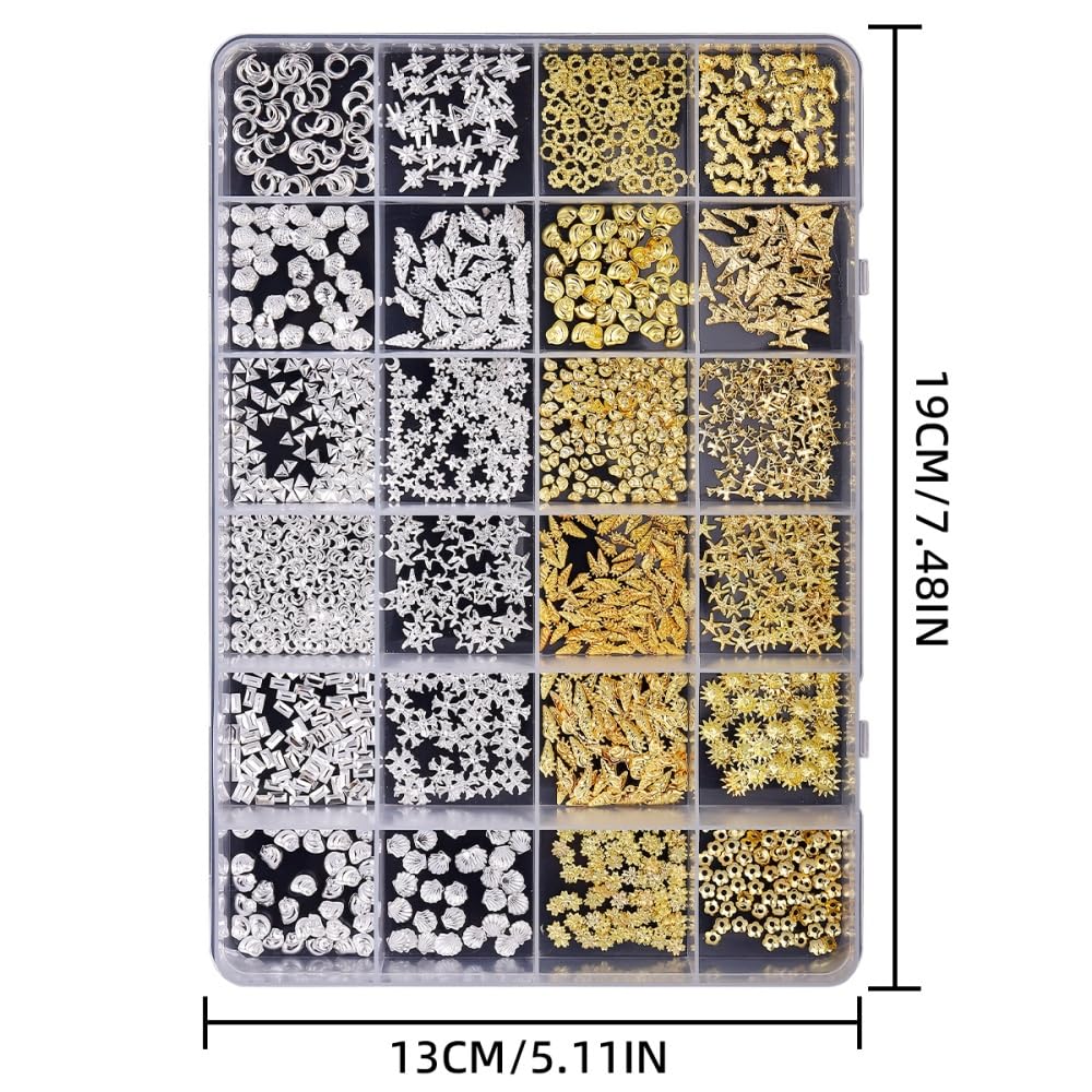 Gold Silver Nail Charms 3D Alloy Flower Nail Gems Ocean Beach Starfish Seashell Nail Jewels Multi-Shapes Metal Sun Moon Star Nail Art Supplies with Tweezer for Women DIY Acrylic Nail 24 Grids 1 Box