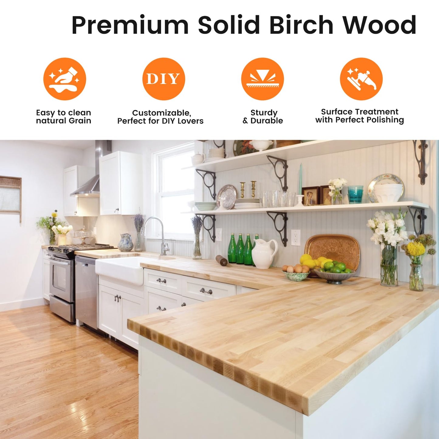 Butcher Block Countertop, Solid Wood Table Top - 3.5ft Unfinished Birch Work Bench Top Cut to Size for DIY Desktop/Washer Counter/Office Desk/Kitchen Island/Living and Dining Room Tables 42x25x1.5in