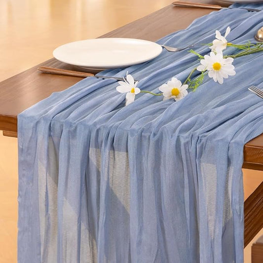 Socomi 2pcs Dusty Blue Summer Cheesecloth Table Runner Boho Rustic Gauze 120 inch 10FT Cheese Cloth Sheer Runner for Wedding Party Baby Shower Birthday Home Decor Holiday Decorations