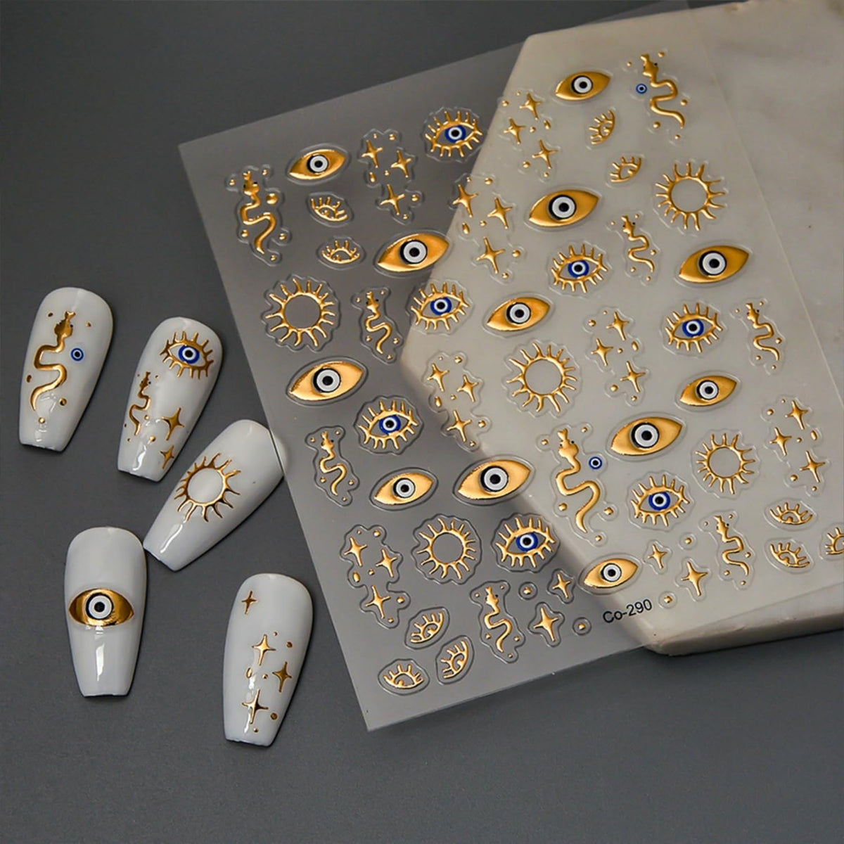 5D Embossed Gold Nail Stickers for Nail Art Evil Eyes Nail Art Stickers Decals for Acrylic Nails Self Adhesive Star Nail Decals Design Gold Nails Supplies for Women Girls