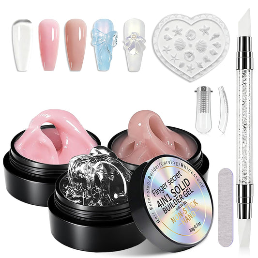 Finger Secret 3D Gel Nail Art Kit Solid Builder Gel for Nails 3D Sculpting Carving Building Modeling Hard Extension for Beginner DIY Salon at Home Cured Needed