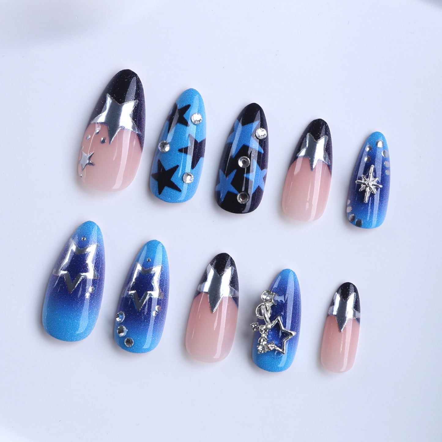Octoswave Almond Long Press on Nails Y2K Blue Starry Design, Fake Nails with 3D Silver Stars & Charms, 24 Pcs Acrylic Nails for Women, Reusable with Jelly Adhesive for Party & Events