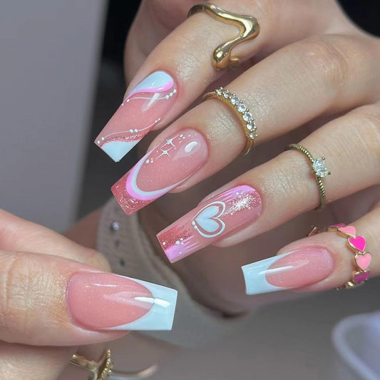 MISUD Press on Nails - Long Square Fake Nails with Pink White, Acrylic Heart Glitter Design 24 pcs