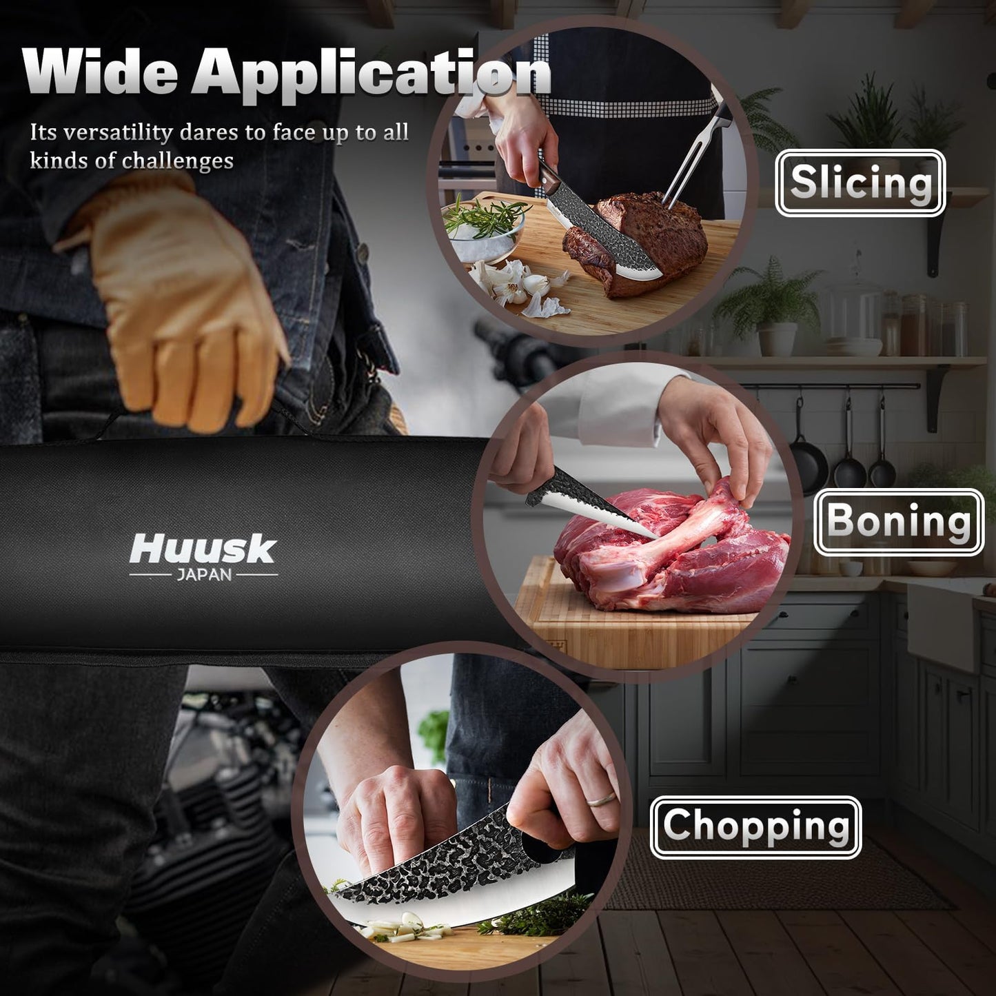 Huusk Butcher Knife Set for Meat Cutting 10pcs Viking Kitchen Serbian Chef Knife with Roll Bag Hand Forged Brisket Knives Meat Cleaver for Men Gift BBQ Outdoor Camping
