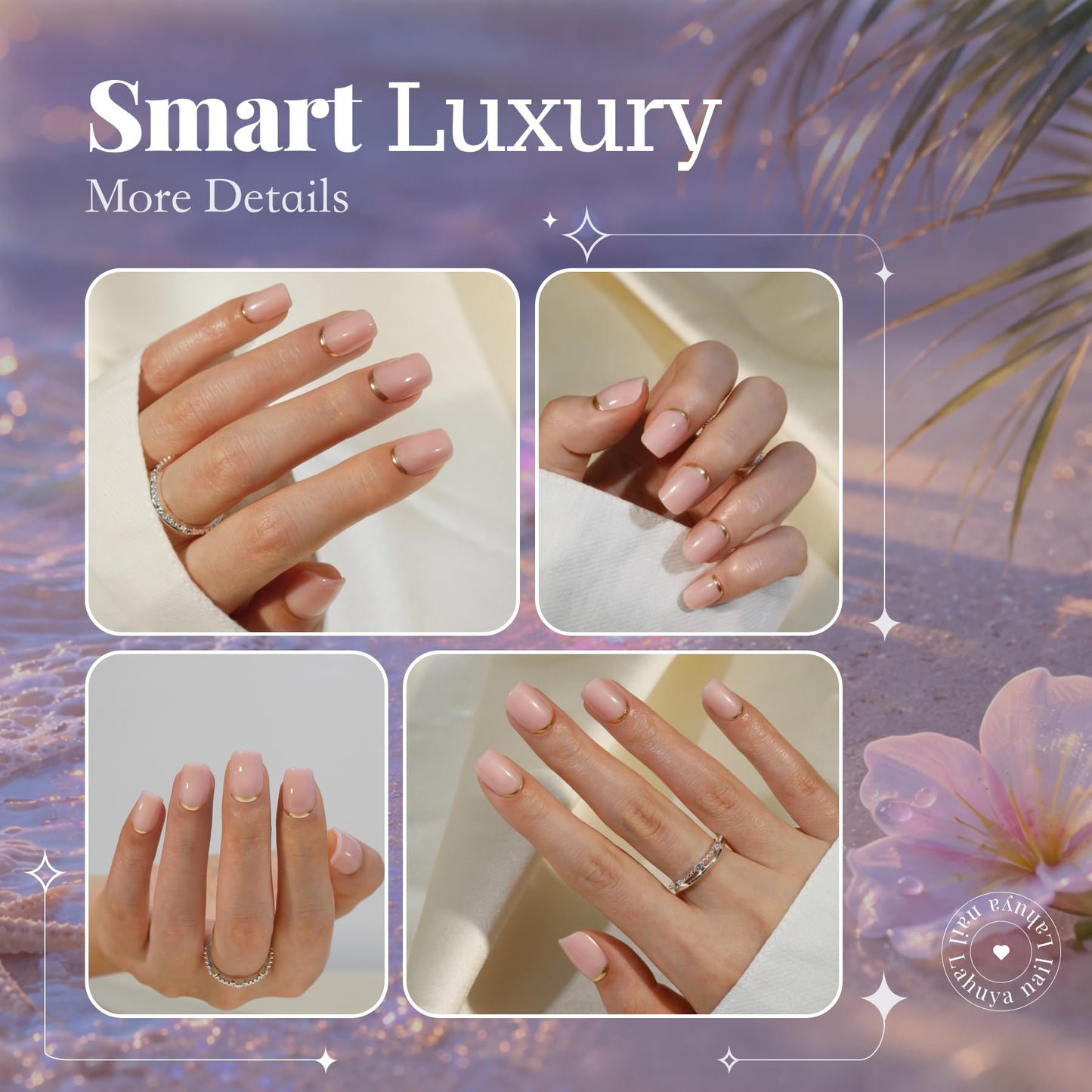 Lahuya Press On Nails - Golden Standard | Nail Artist Designed Short Squoval Milky Pink Fake Nails with Minimalist Gold French Edge, Glossy Finish, Salon Quality | 15 Sizes - 30 Nail Kit with Glue