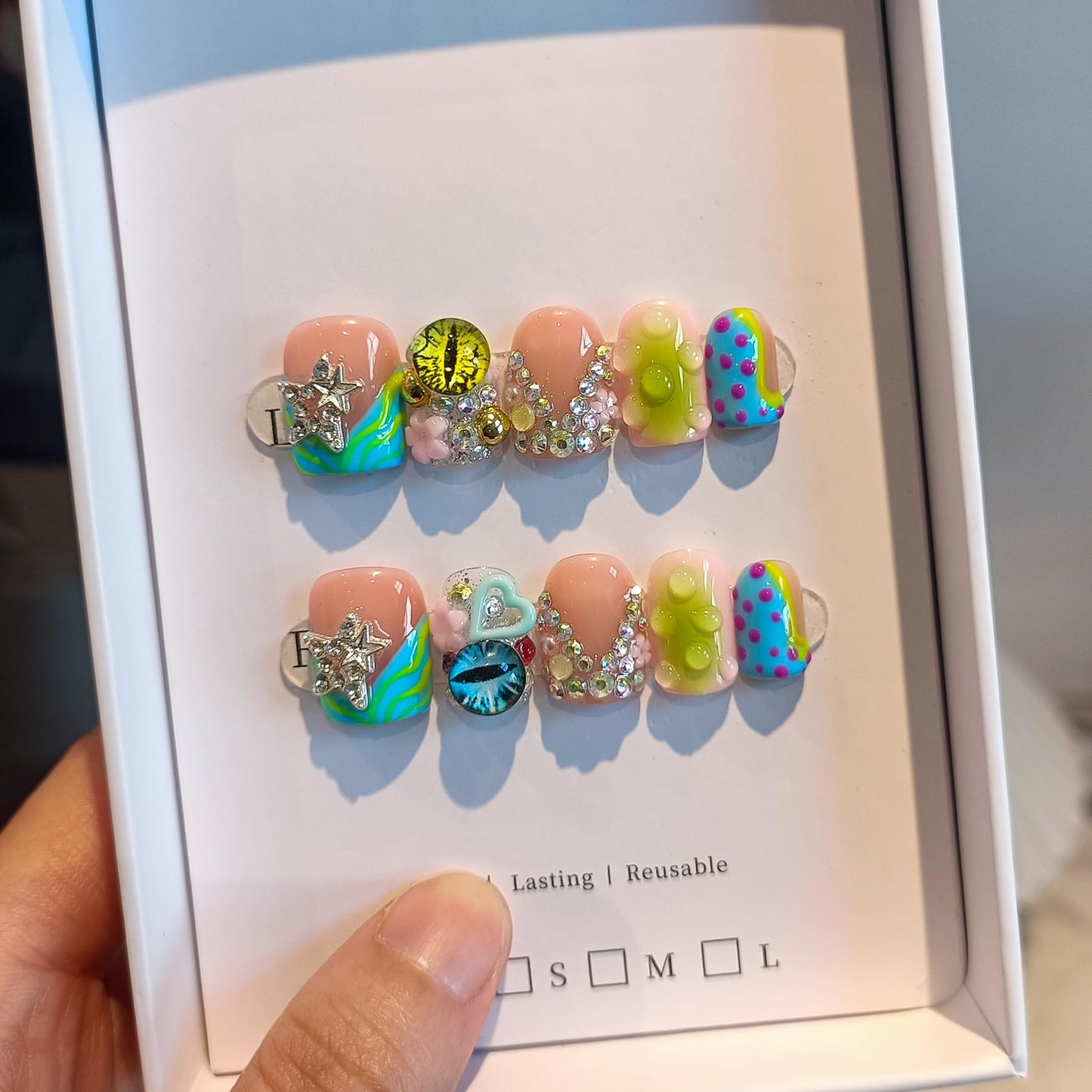 TENPAL V-Shape French Tips Square Nails,Acrylic Press on Nails with 10pcs Kit,Sweet Edgy Y2K Hand-Painted Art False Nails,Neon Yellow-Green Fake Nails with 3D Stars, Hearts, Rhinestones Flowers(L)
