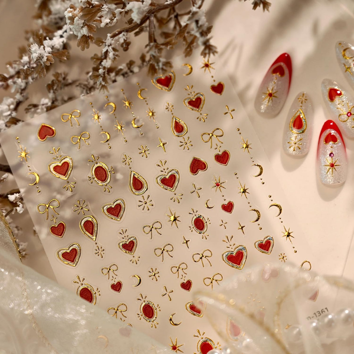 Gold Moon Star Nail Art Stickers 5D Embossed Red Heart Nail Stickers for Nail Art Bow Nail Decals Gold Nail Design Star Nail Supplies for Women Girls DIY Manicure Decoration