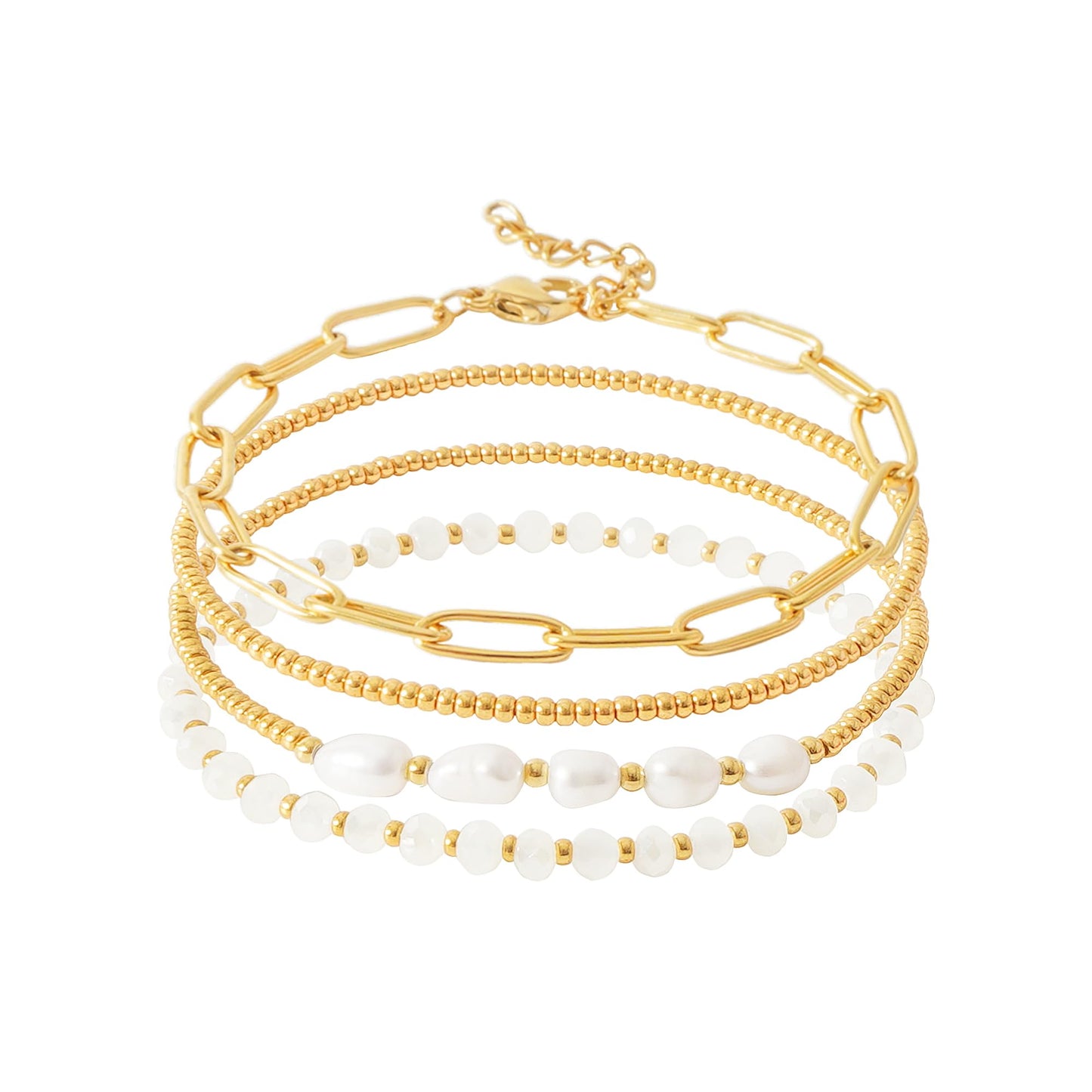 Pymach Dainty Gold Plated Pearl Crystal Beaded Bracelets Set for Women 14K Gold Plated Bead Pearl Beads Bracelet Stackable Paperclip Link Chain Bracelets Gold Plated Bracelets for Women Trendy Jewelry