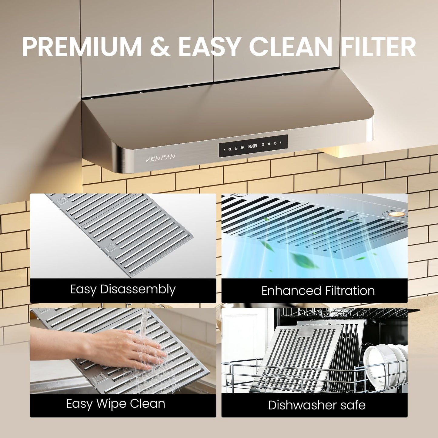 VENFAN Under Cabinet Range Hood 30 Inch - 1200 CFM Ultra Powerful Suction, Gesture Sensing & 4-Speed Touch Control, Dishwasher Safe Filters, Stainless Steel Kitchen Hood