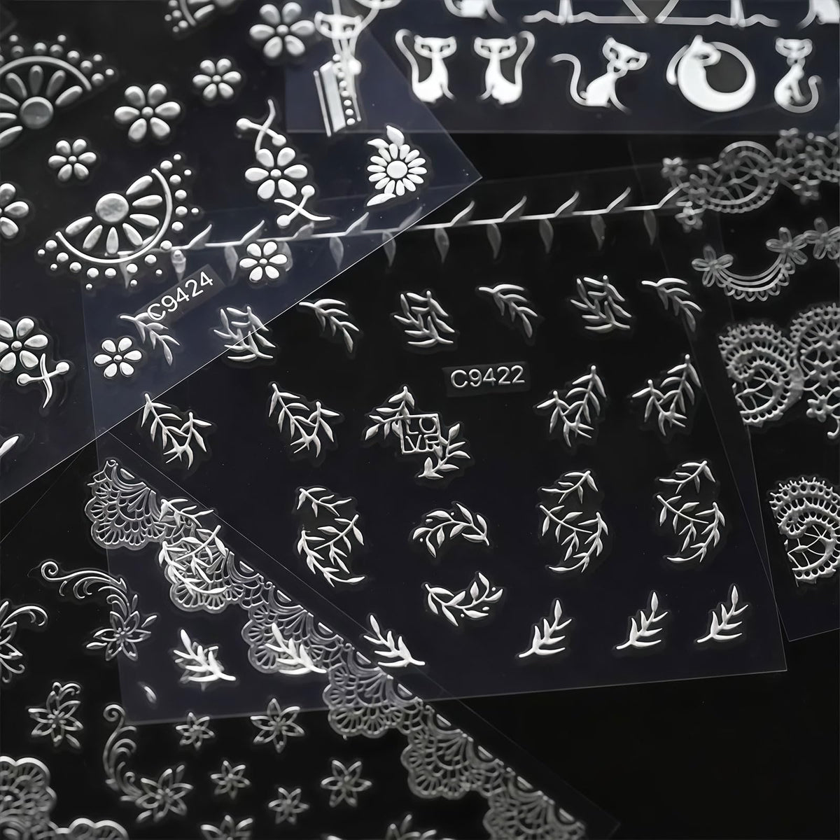 30 Sheets Silver Bohemian Nail Stickers, 3D Self Adhesive Retro Lace Leaf Cat Nail Decals Designs Decorations Accessories for Women Girls, Wedding Party Nails