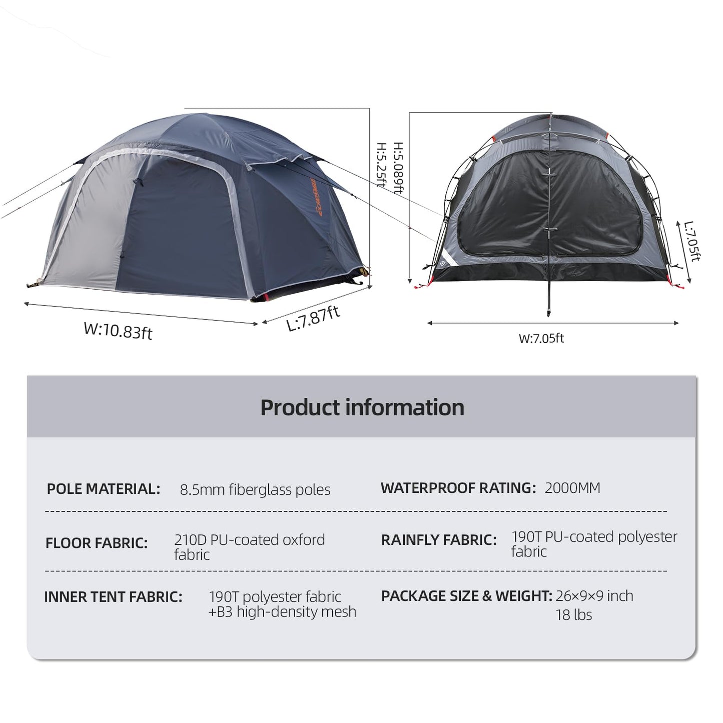 EchoSmile Tents for Camping, Waterproof Windproof Tent with Multi-Pole, 3-5 Person Spacious Dome Tent with Expandable Space for Shoes, Packs & Wet Items, Easy Setup Tent for Camping & Hiking-Gray