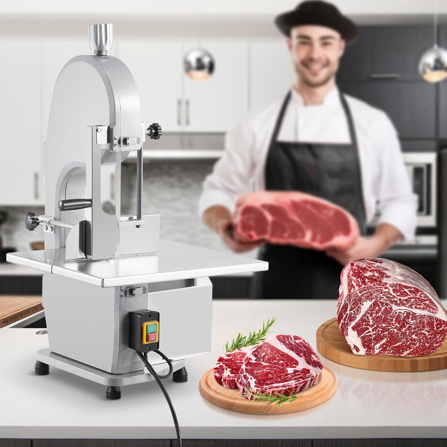 1100W Electric Bone Saw Machine, 0.16-7.09 Inch Cutting Thickness, Frozen Meat Cutter With 5 Saw Blades, 19.3"x15" Table Sawing for Chicken Fish Trotter Beef