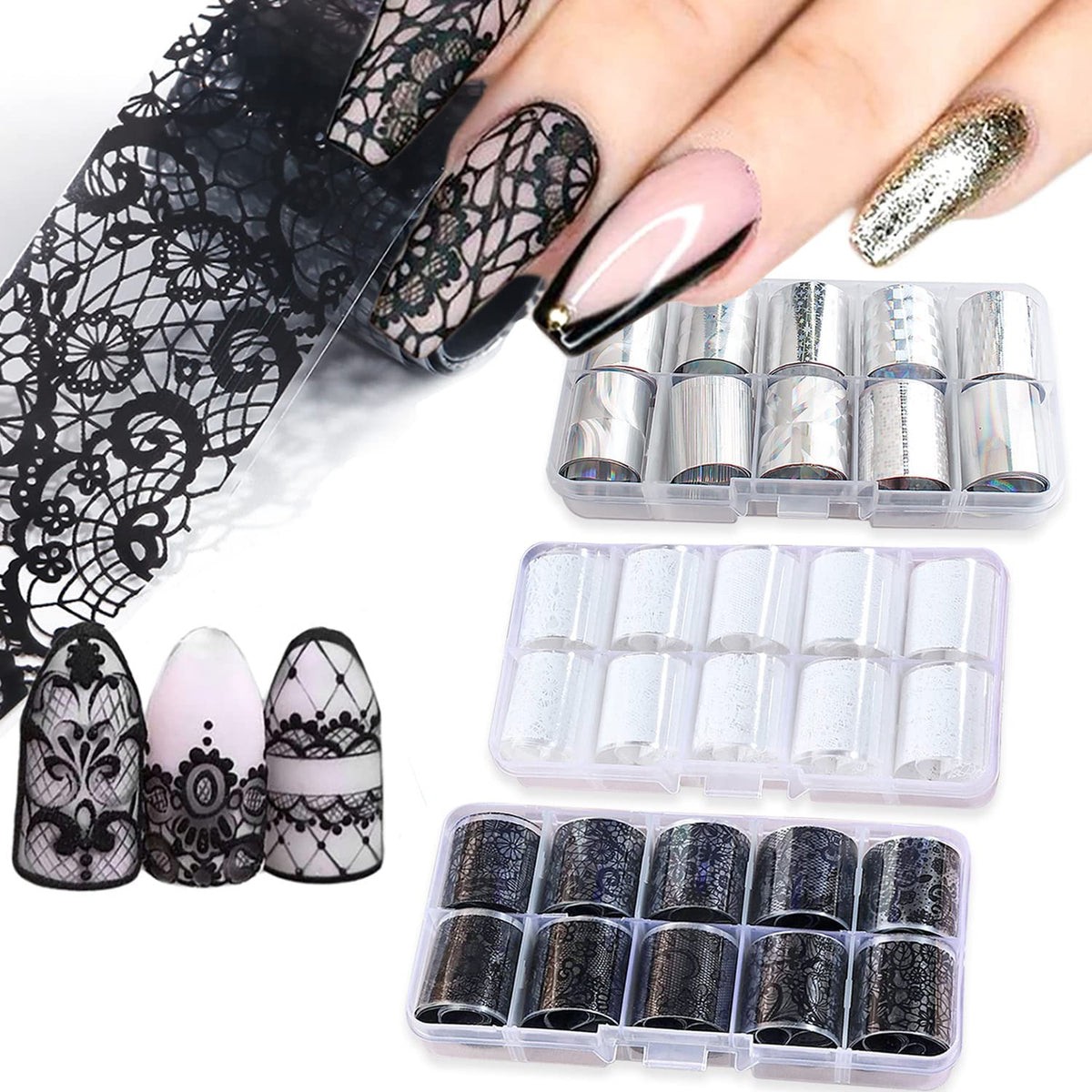 Nail Foil Transfer, DANNEASY 30 Roll Black White Laser Lace Retro Foils Nail Stickers Holographic Nail Art Foil Transfer Starry Sky Nails Art Design Stickers Decals for Women Kids