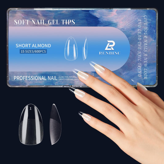 RENBING Gel Nail Tips Short Almond,600pcs Fake Nails,15 Sizes Acrylic Nail Tips,Half Matte Press on Nail Tips,Full Cover Clear False Nails Gifts for Women Create Salon Nail Art at Home