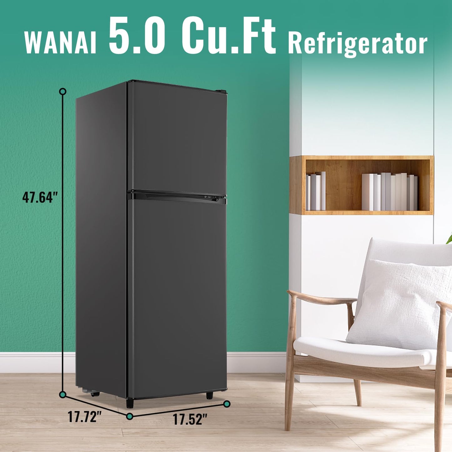 WANAI 5.0 Cu.Ft Fridge with Freezer, Dual Door Refrigerator with 7 Settings Temperature Adjustable, Small Fridge for Office Apartment and Home, Dark Gray