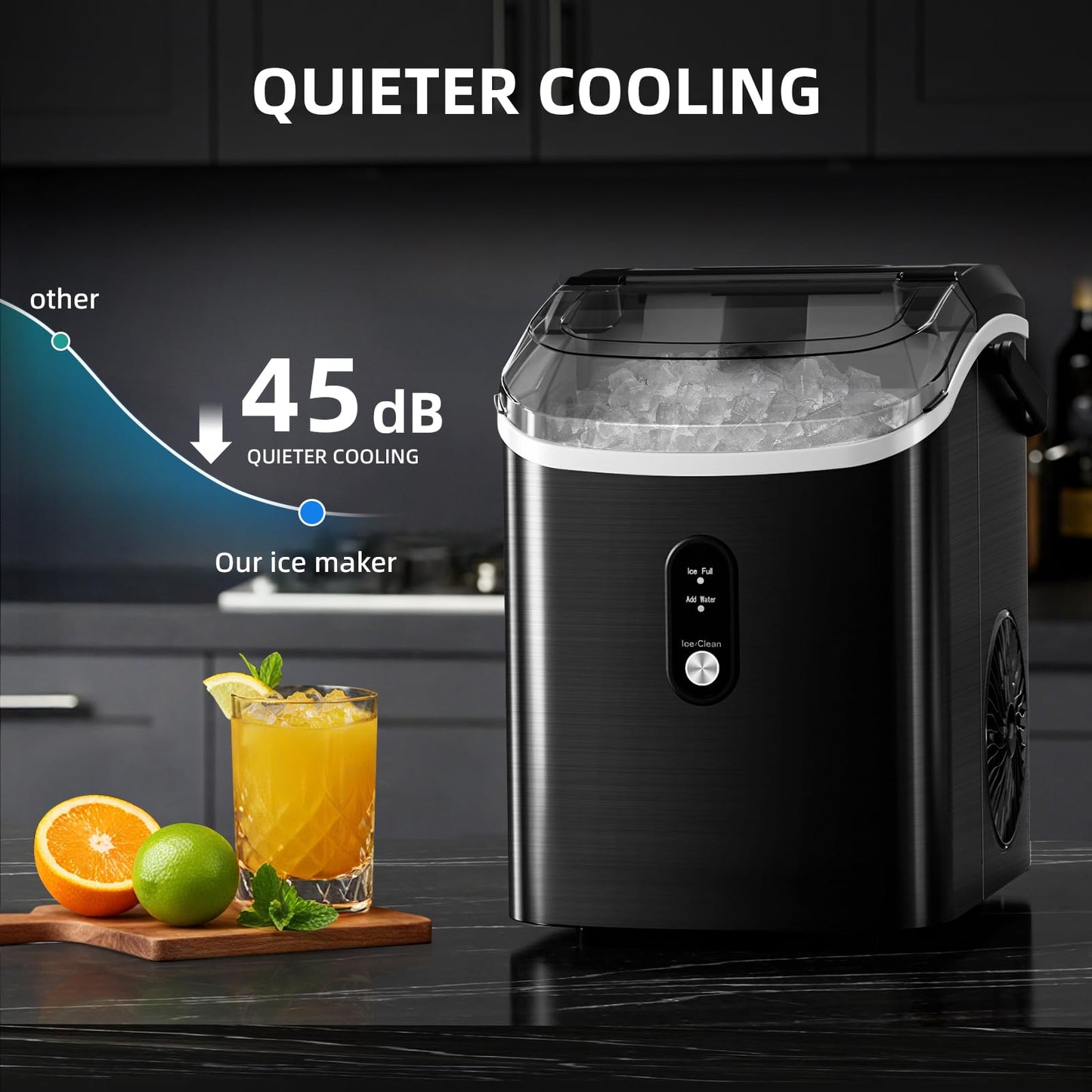 Antarctic Star Nugget Ice Maker Countertop, 34Lbs/24H, Soft Chewable Ice, Self-Cleaning, Portable Ice Machine, Fast Making in 8 Mins, Ice Basket & Scoop, Stainless Steel Black