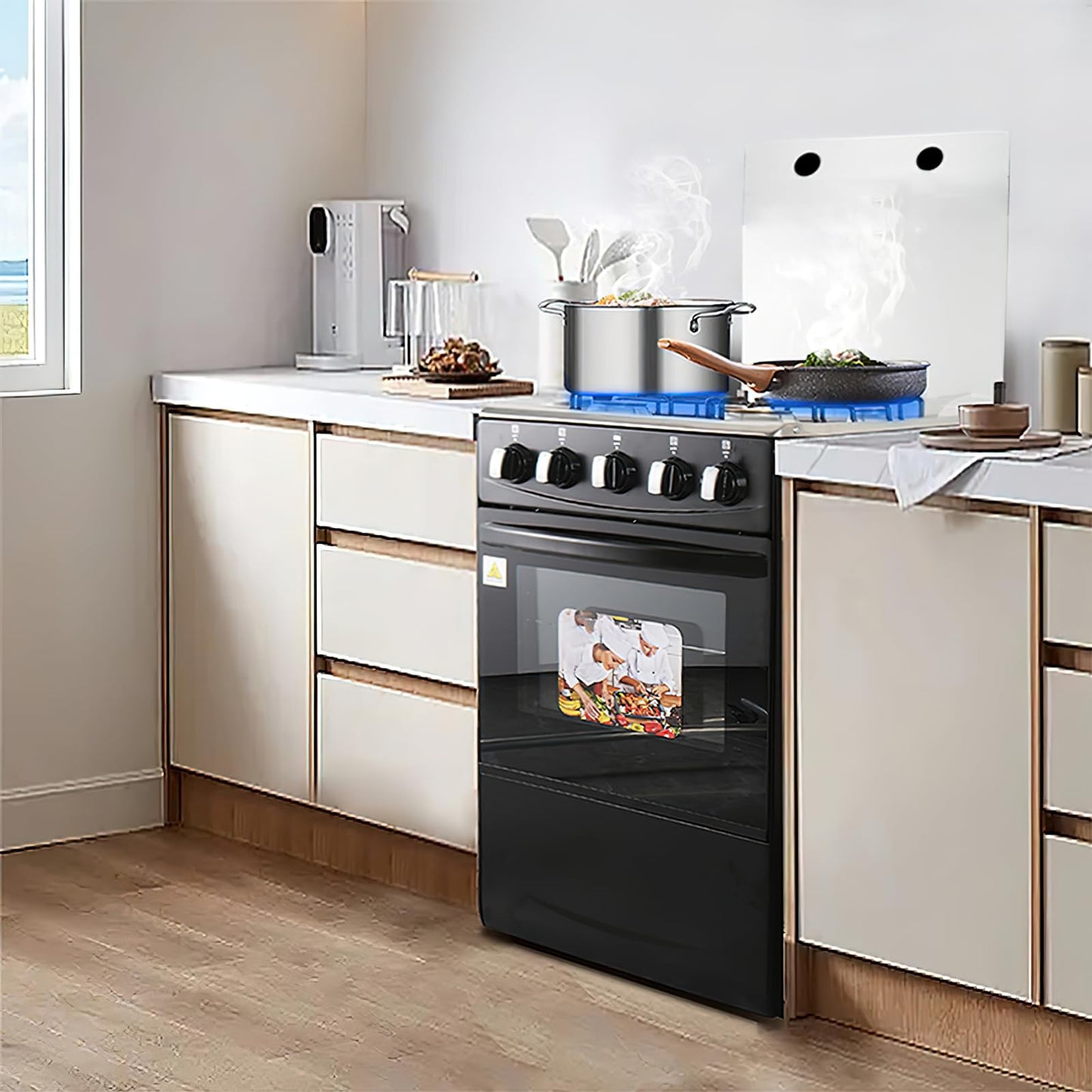 20" LPG Gas Stove - Equipped with 4 coil burners and Stainless Steel 50L Oven (Black: Automatic ignition)