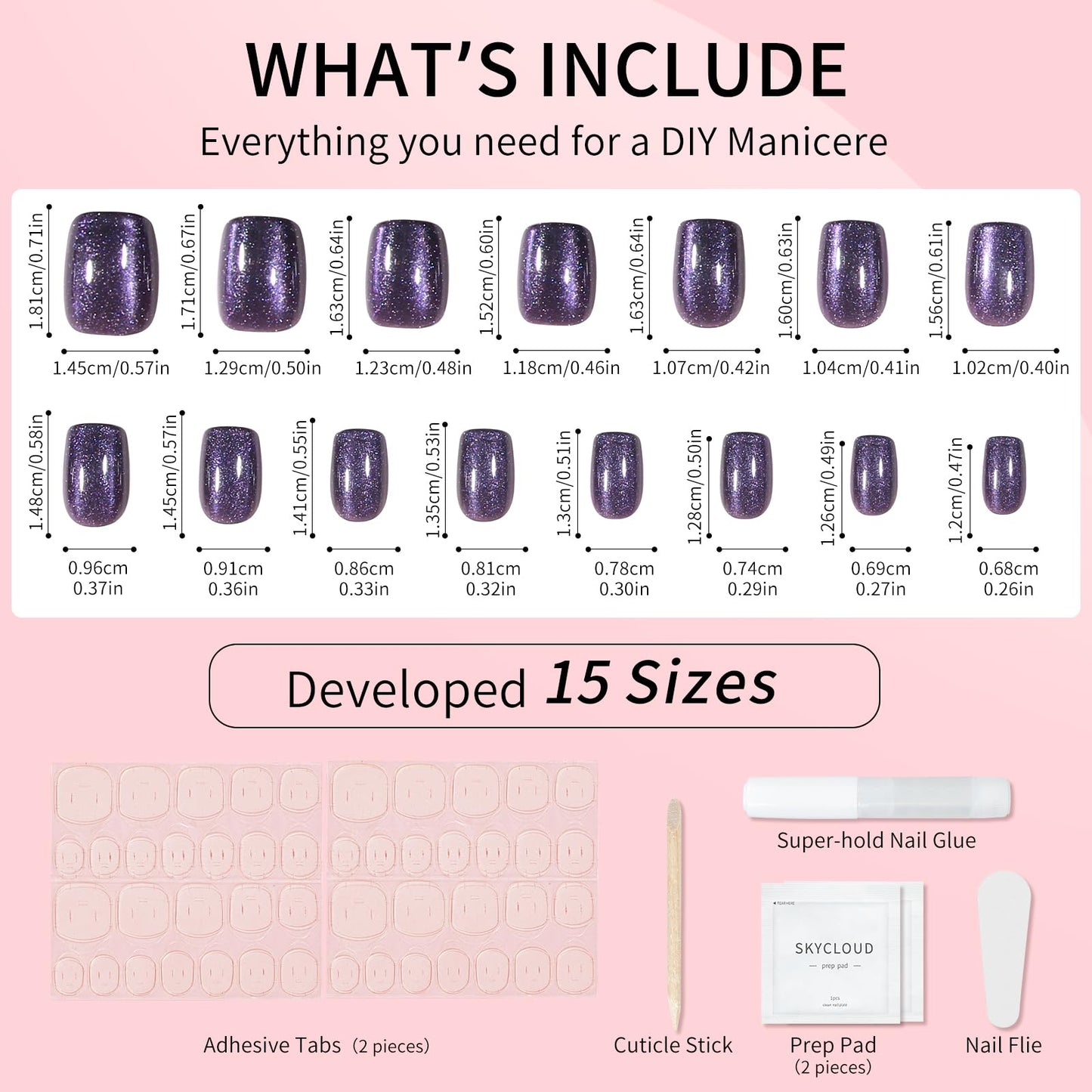 Dark Purple Cat Eyes Press On Nails,12 Sizes - 24 Pcs Soft Gel Purple Short Squoval Fake Nails Kit with Nail Glue, Natural Reusable Stick On False Nails for Women and Girls SK1060